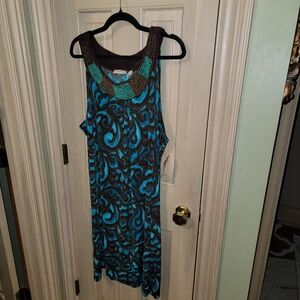 NWT Choices Womens Plus Sz 3X Beaded Sleeveless Brown And Blue Dress Vacation